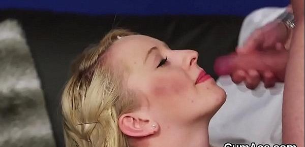  Nasty stunner gets cumshot on her face eating all the jizz
